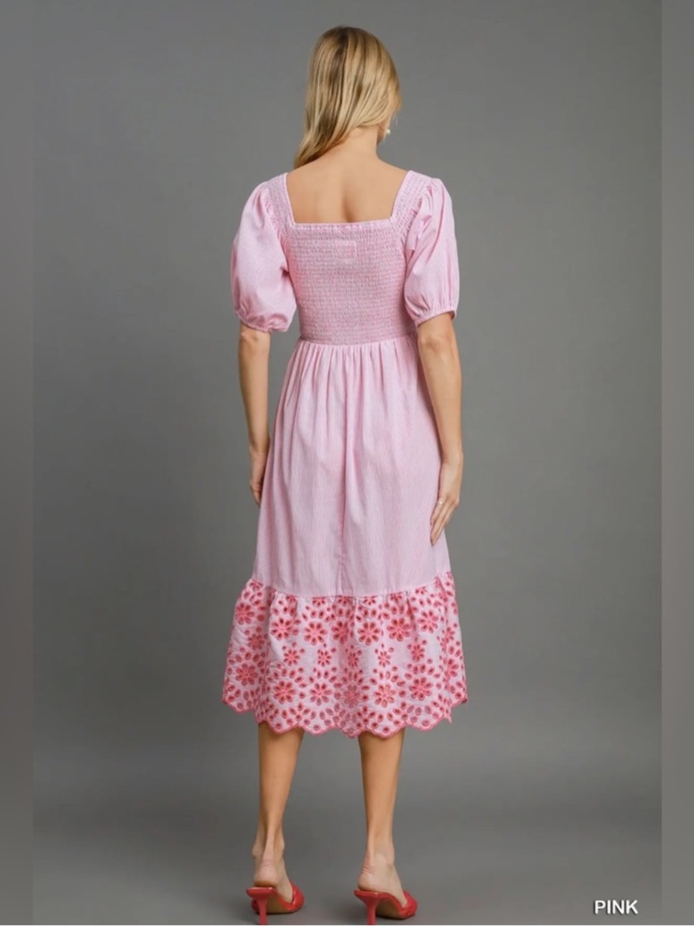 Smocked Cotton Square-Neck Midi Dress in Pink